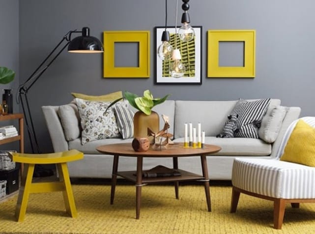 Séjour en jaune moutarde et gris tendance déco 2016